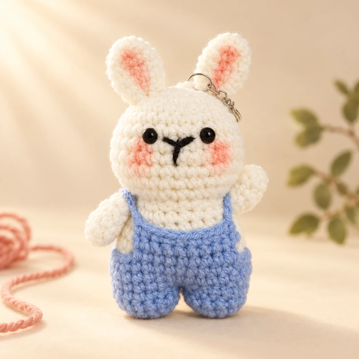 Móc khóa thỏ len trắng mặc yếm xanh